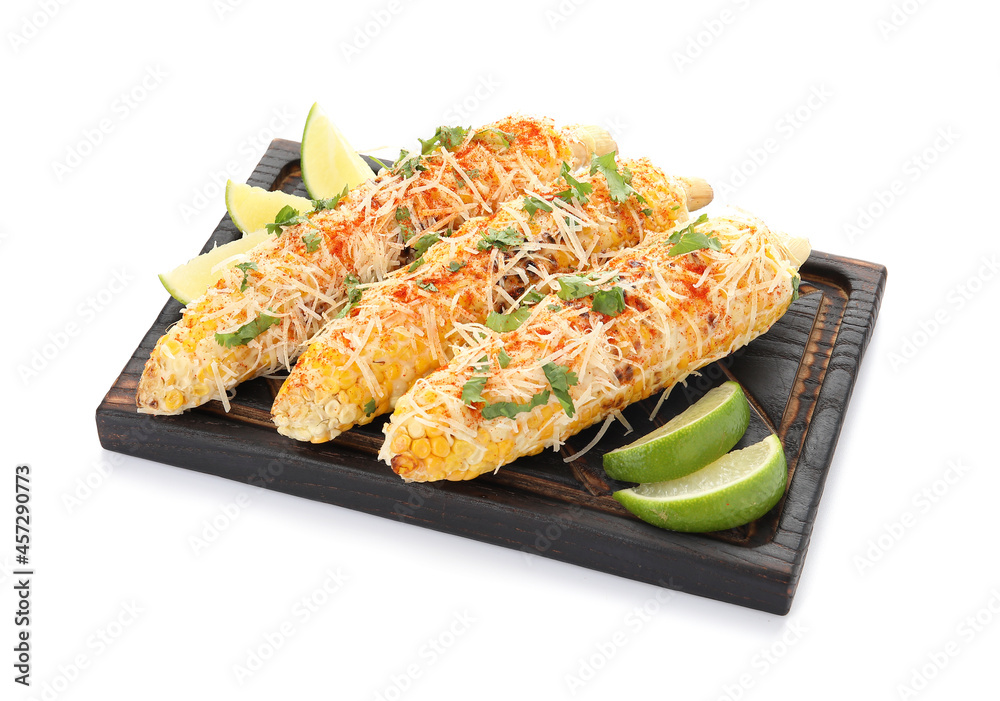 Wooden board with tasty Elote Mexican Street Corn on white background