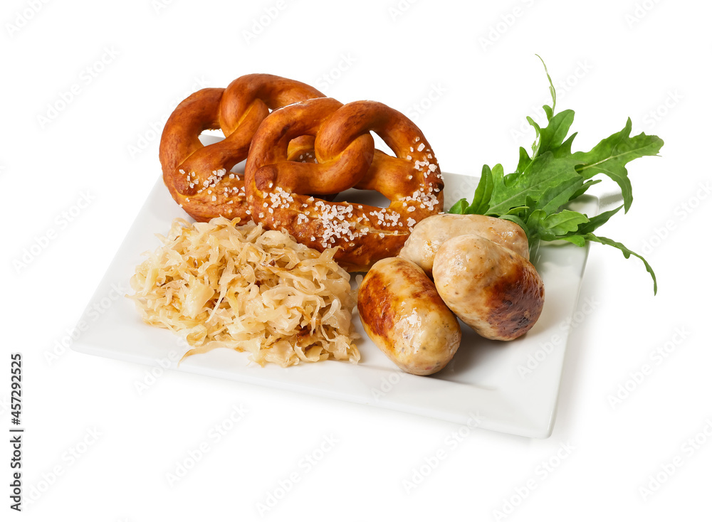 Plate with tasty Bavarian sausages, sauerkraut and pretzels on white background. Oktoberfest celebra