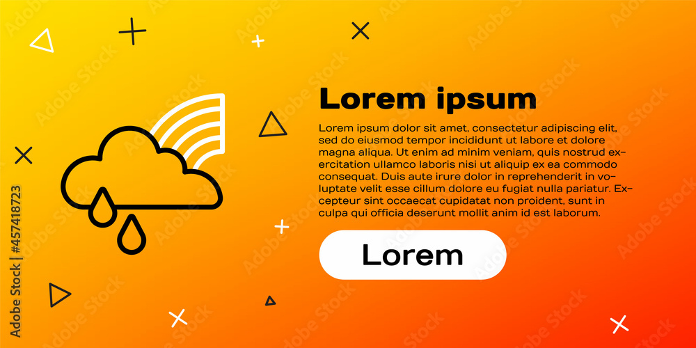 线条彩虹，黄色背景上有云和雨图标。彩色轮廓概念。Vecto