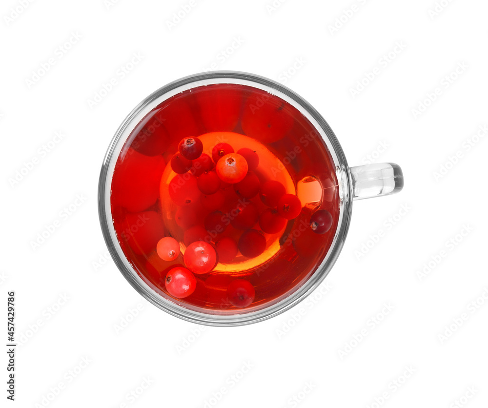 Cup of tasty tea with cranberry on white background