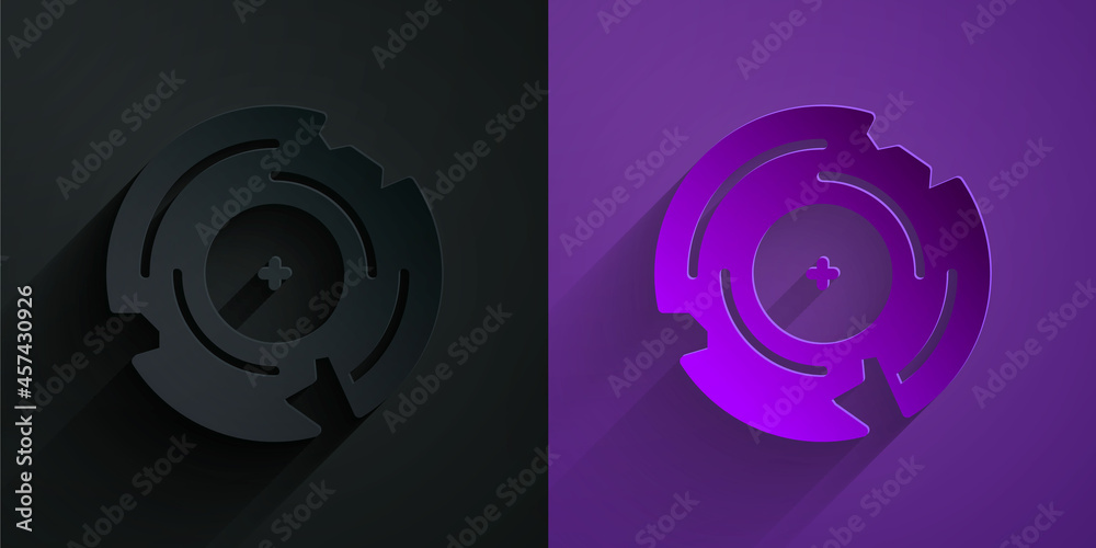 Paper cut Vinyl disk icon isolated on black on purple background. Paper art style. Vector