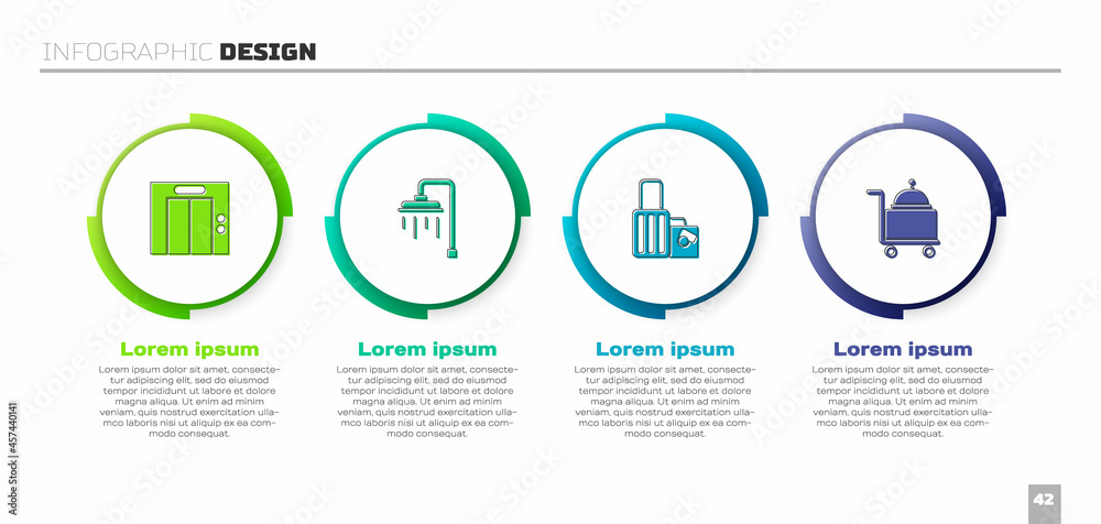 设置电梯、淋浴器、手提箱和托盘。商业信息图模板。Vector