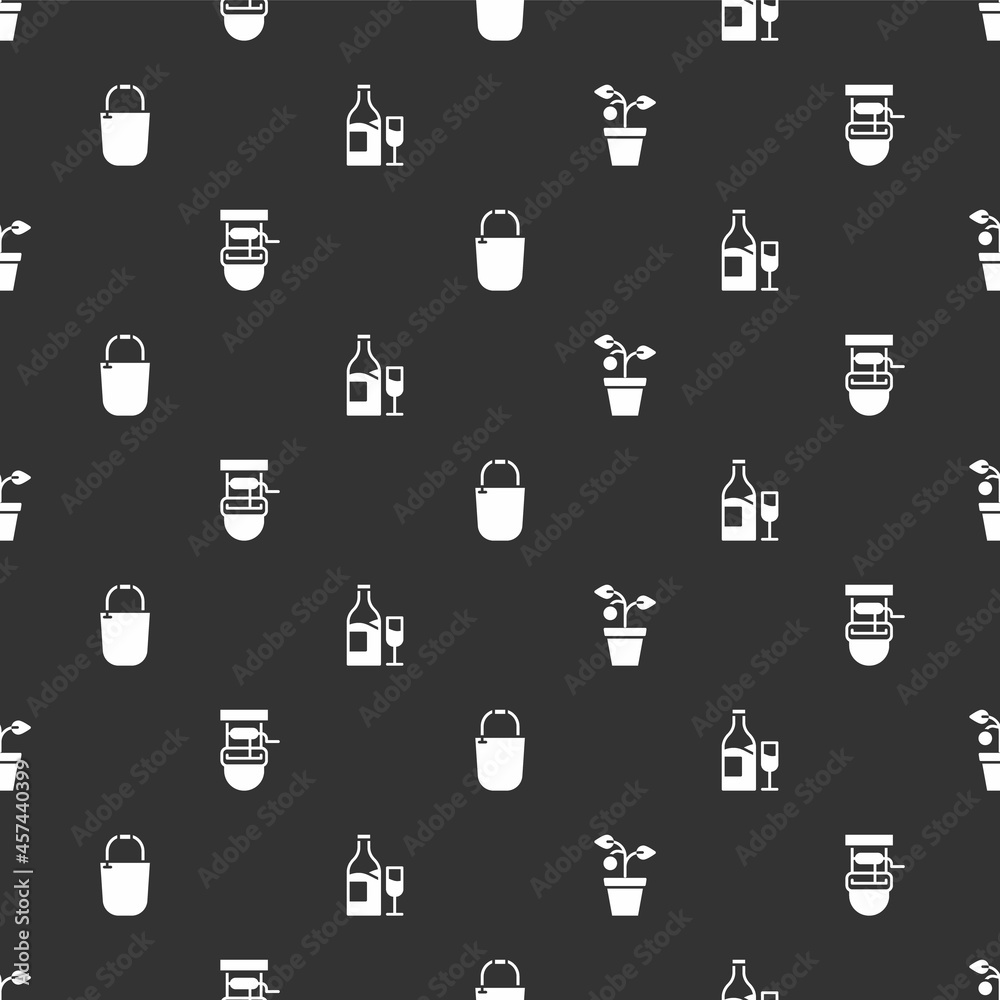 Set Plant in pot, Well with bucket, Bucket and Wine bottle glass on seamless pattern. Vector