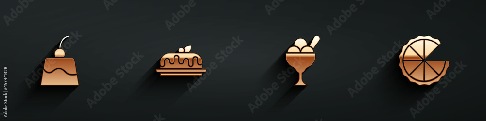 Set Pudding custard, Cake, Ice cream bowl and Homemade pie icon with long shadow. Vector