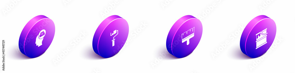 Set Isometric Spray can nozzle cap, Paint roller brush, and bucket icon. Vector