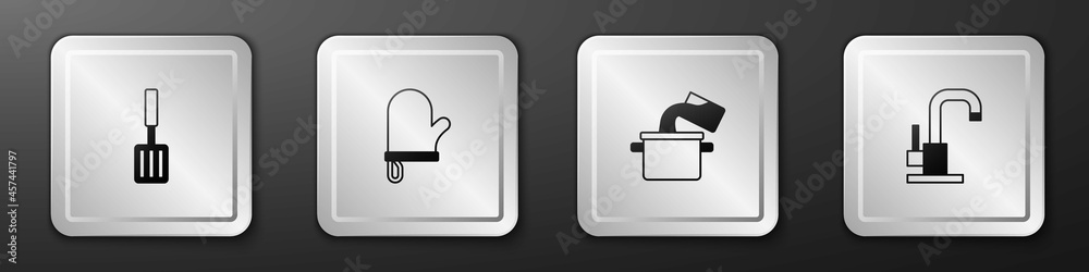 Set Barbecue spatula, Oven glove, Cooking pot and Water tap icon. Silver square button. Vector