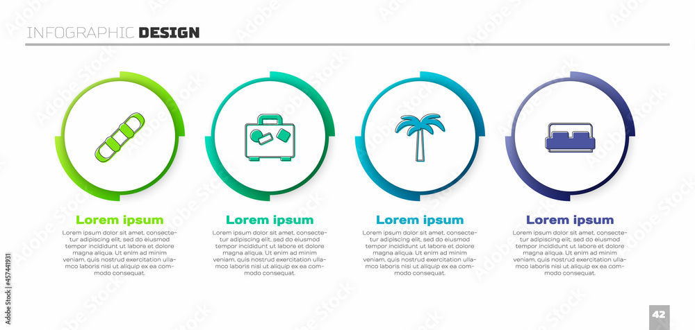设置滑雪板、手提箱、热带棕榈树和酒店客房床。商业信息图模板。Vecto