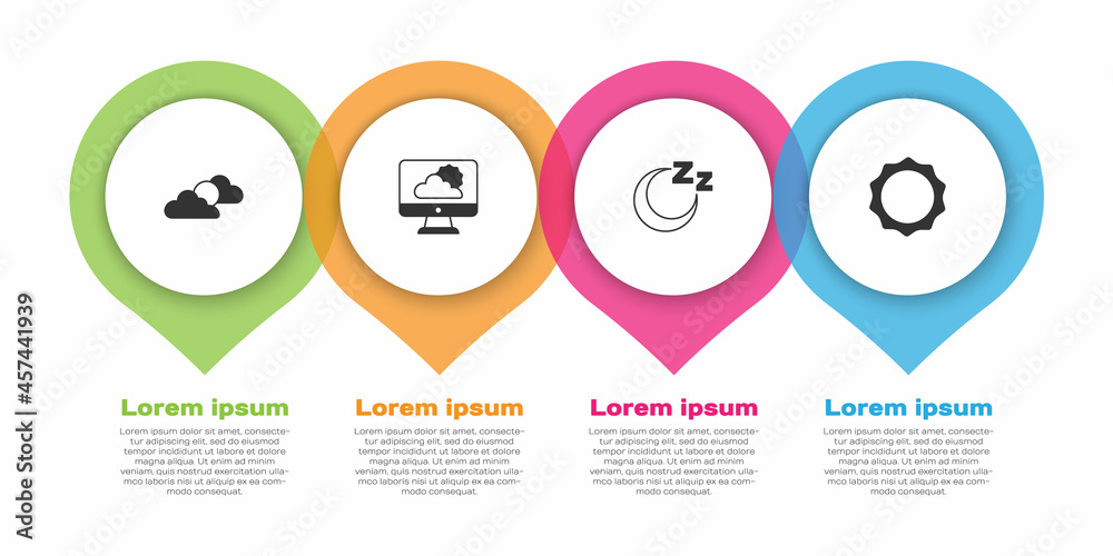 Set Sun and cloud weather, Weather forecast, Time to sleep and . Business infographic template. Vect