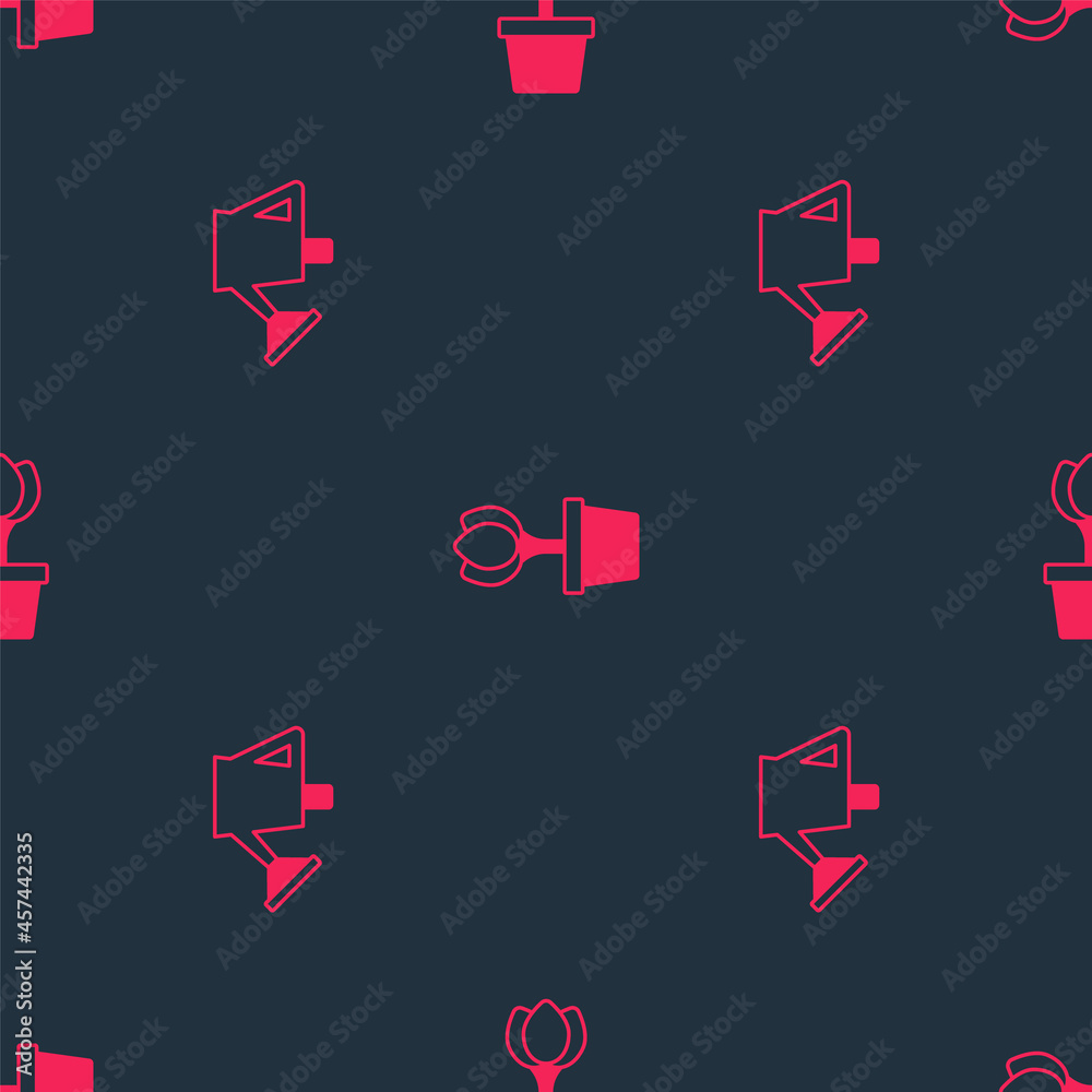 Set Watering can and Flower tulip pot on seamless pattern. Vector