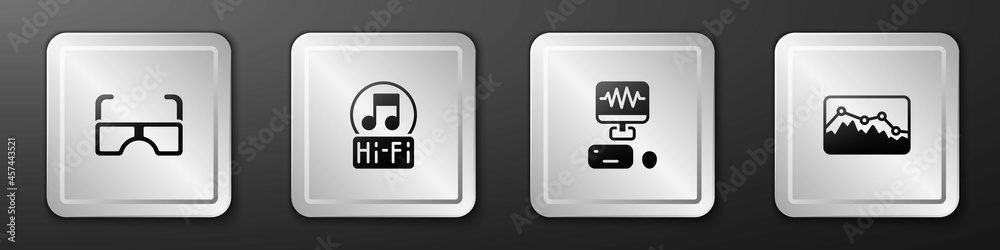 设置眼镜、音符、音调、录音室和均衡器图标。银色方形按钮。Vecto