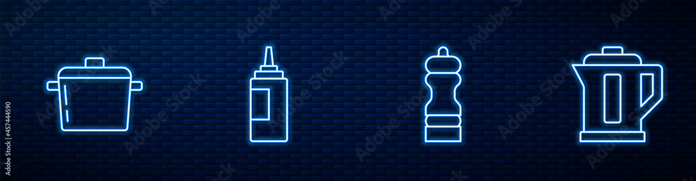 设置辣椒、烹饪锅、酱汁瓶和电热水壶。砖墙上闪闪发光的霓虹灯图标。Vec