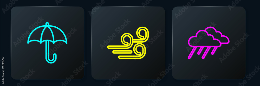 Set line Umbrella, Cloud with rain and Windy weather. Black square button. Vector