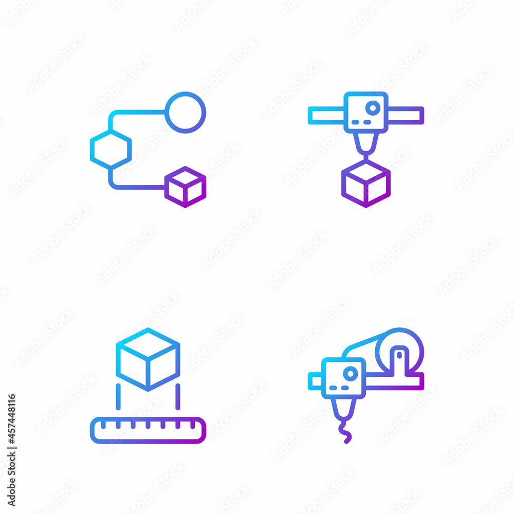 设置行3D打印机、等轴测立方体和渐变色图标。矢量