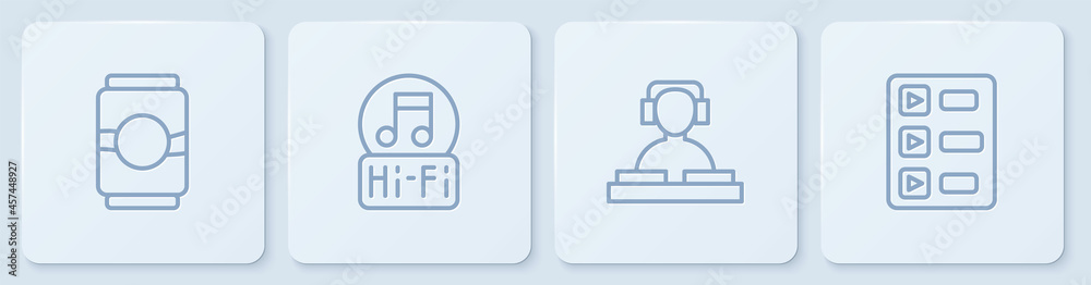 设线啤酒罐，DJ播放音乐，音乐音符，音调和播放列表。白色方形按钮。矢量
