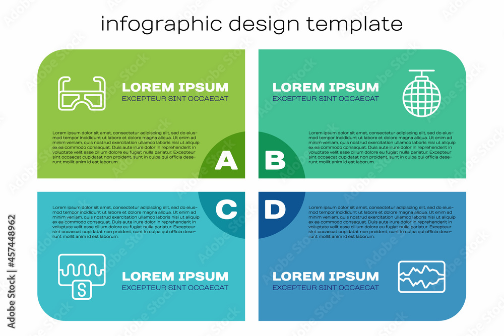 设置线路音乐均衡器、眼镜和迪斯科球。商业信息图模板。矢量