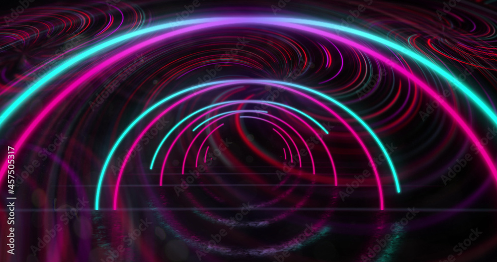 Image of pink and blue neon arch and swirls moving on black background