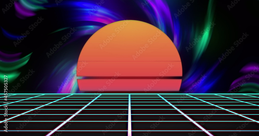 Image of orange neon sun setting over grid and glowing background