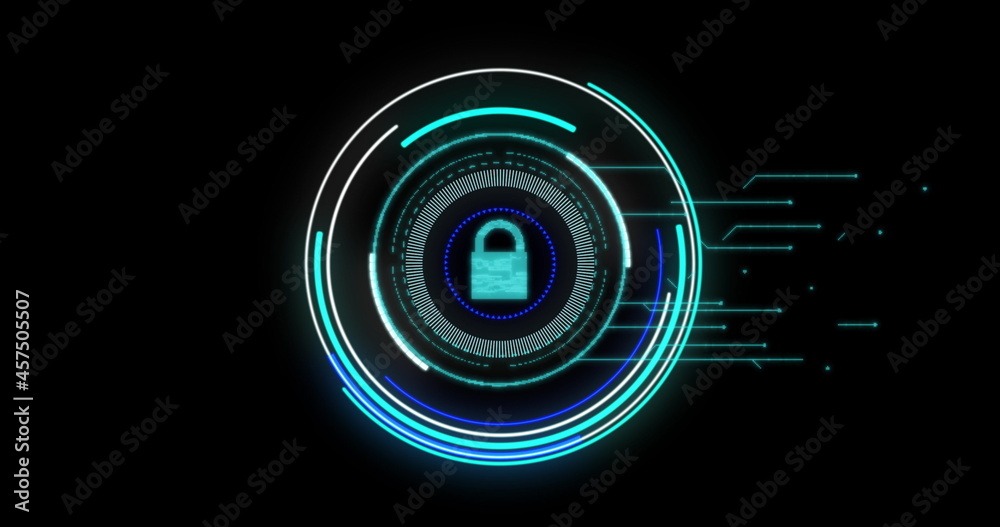 Security padlock icon over blue neon round scanner against black background