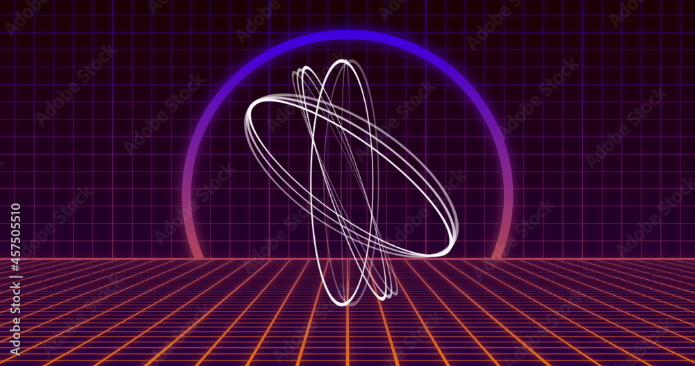 Image of multiple white circles spinning on seamless loop with pink to purple neon and grid