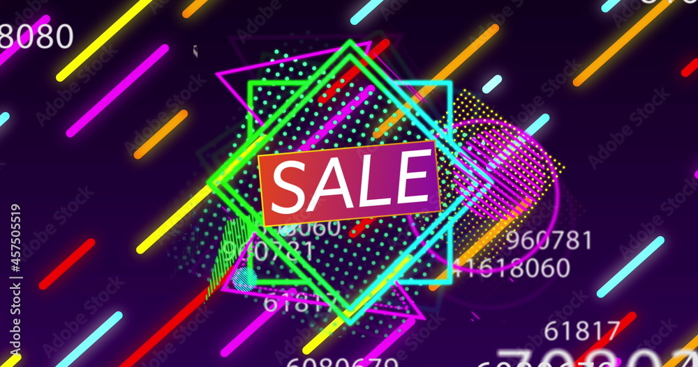 Image of sale text on glowing neon squares with changing numbers and neon lines