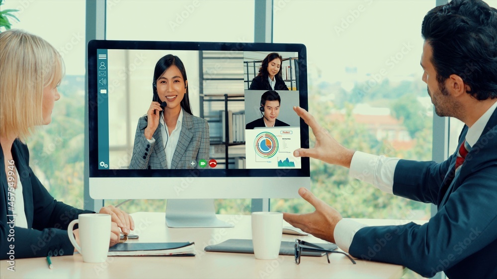 Video call group business people meeting on virtual workplace or remote office. Telework conference 