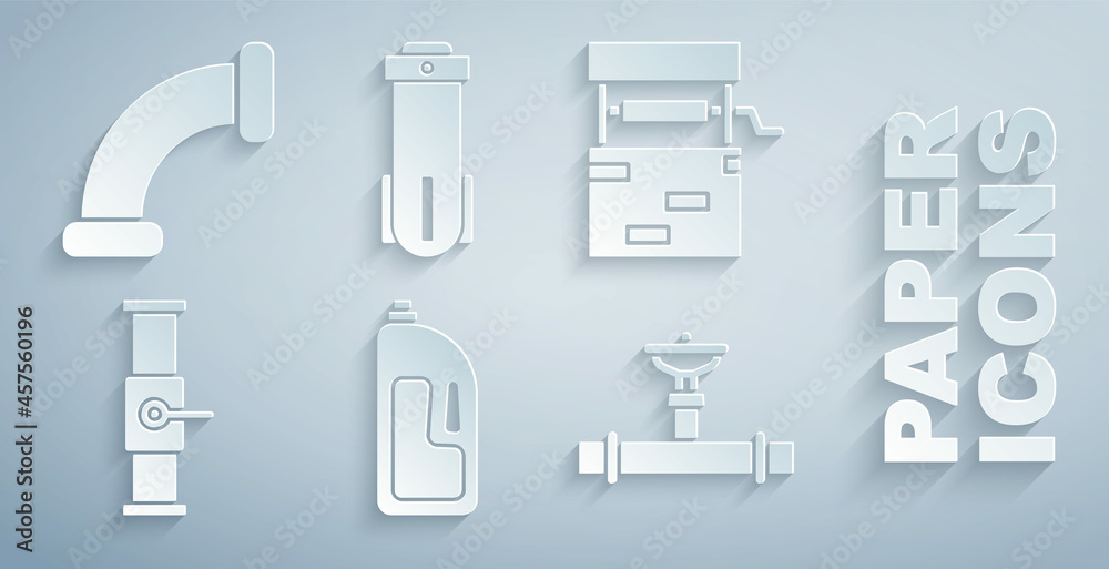带排水清洁器、井、工业管道和阀门、水过滤器和金属图标的成套容器。Vec