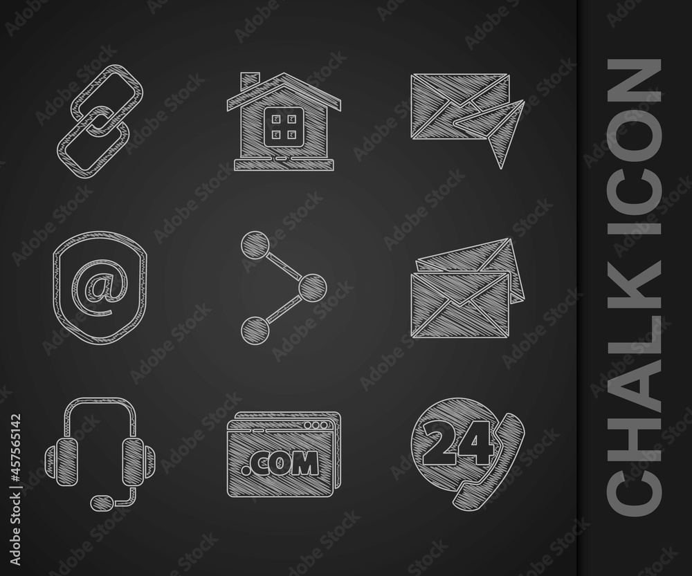 Set Share, Website template, Telephone 24 hours support, Envelope, Headphones, Shield with mail and 