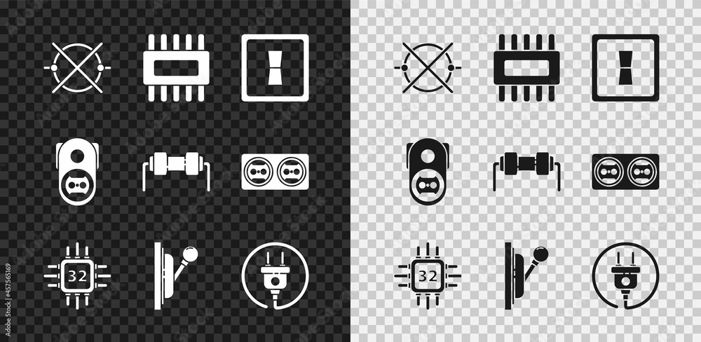 Set Electric circuit scheme, Processor with microcircuits CPU, light switch, Electrical panel, plug,