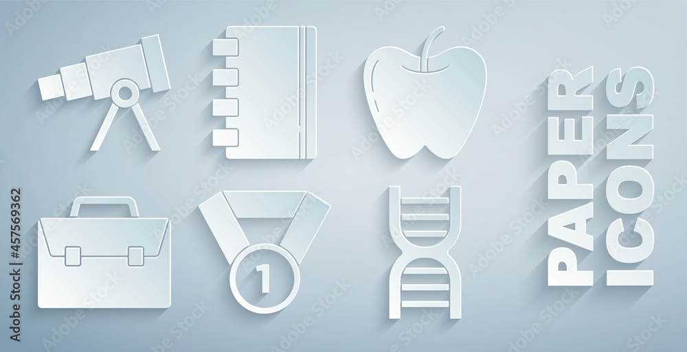 套装奖章，苹果，公文包，DNA符号，螺旋笔记本和望远镜图标。矢量