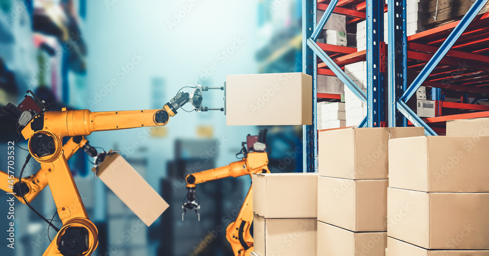 Smart robot arm system for innovative warehouse and factory digital technology . Automation manufact