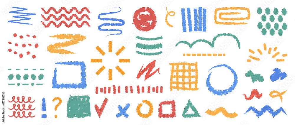 Hand drawn doodles set, isolated flat cartoon shapes, spots and blots, objects and shapes patterns. 