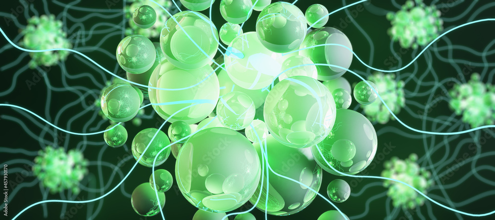 Abstract green neural connections on dark background. Medicine and biology concept. 3D Rendering.