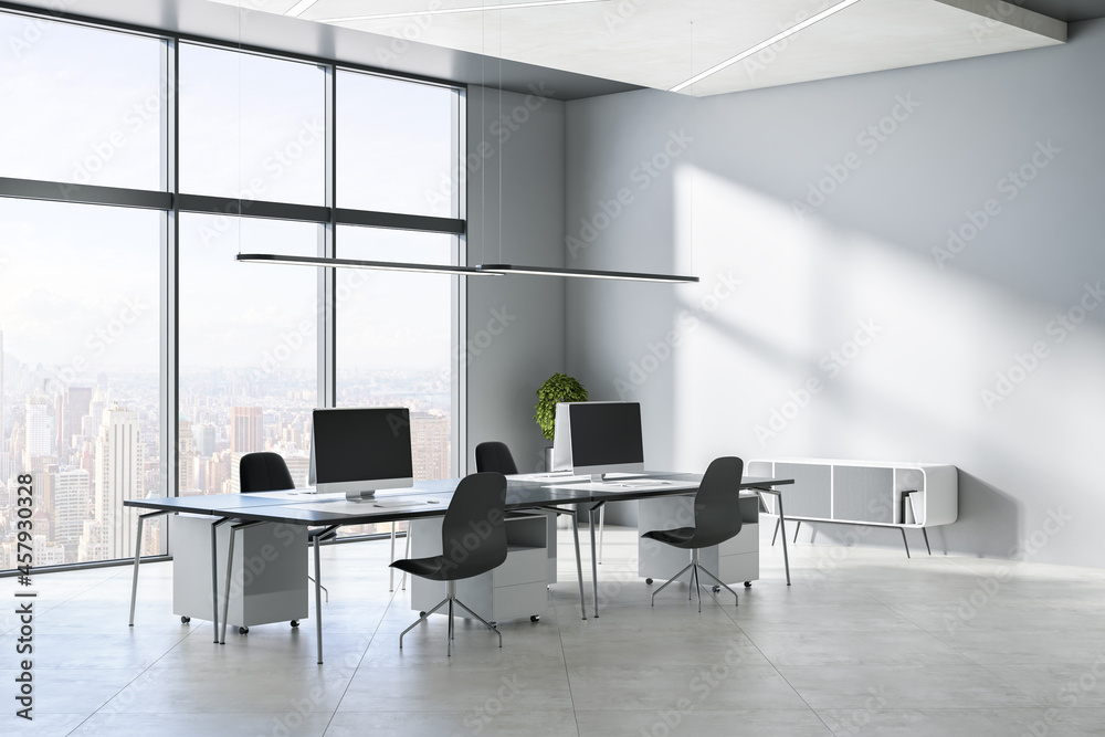 Modern concrete office interior with windows, city view, sunlight, equipment and furniture. 3D Rende