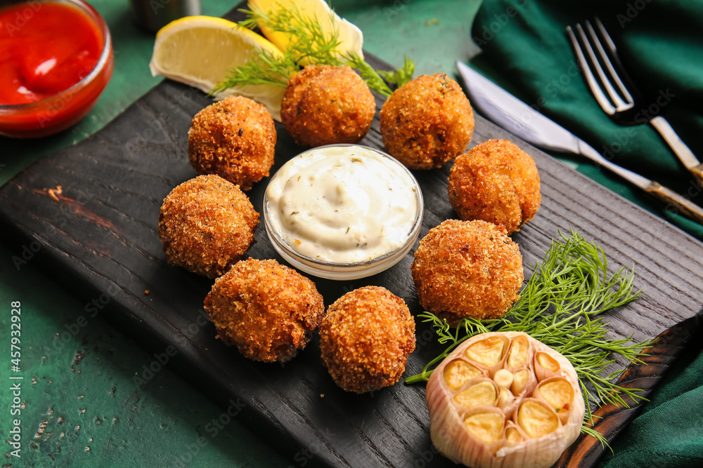 Board with tasty cod cutlets and sauces on color background