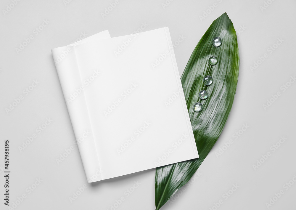 Blank magazine with tropical leaf on light background