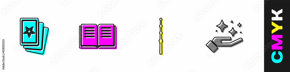 设置三张塔罗牌、古代魔法书、魔杖和带有特技图标的闪闪发光的星星。矢量