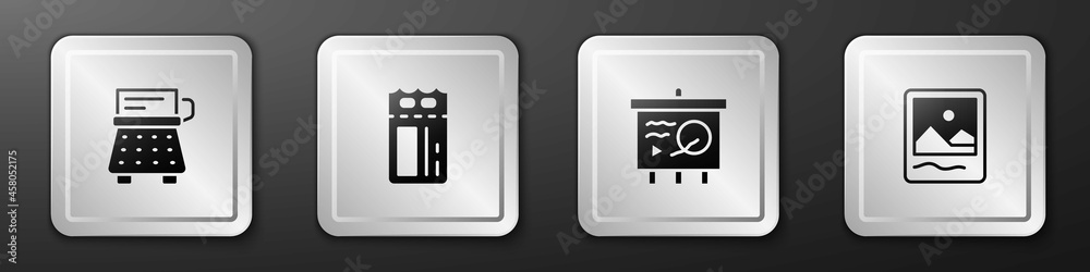 设置复古打字机、电影票、黑板上的场景和相框图标。银色方形屁股