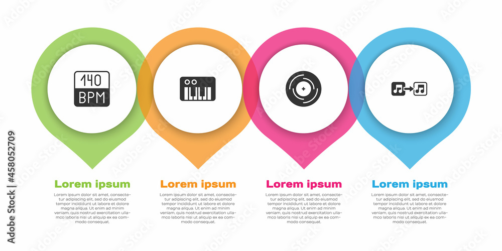 设置比特率，音乐合成器，乙烯基唱片和音符，音调。商业信息图模板。矢量