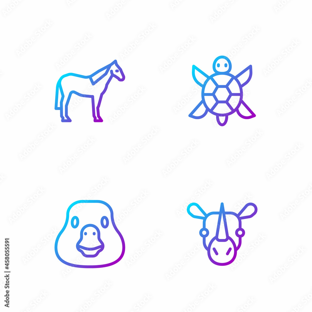 Set line Rhinoceros, Goose bird, Horse and Turtle. Gradient color icons. Vector