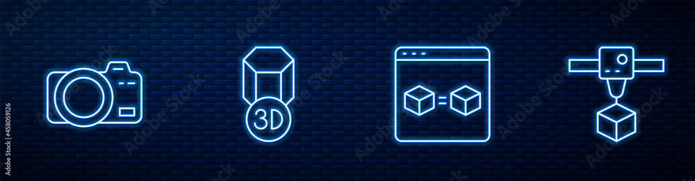 设置线3D打印机完美复制、照相/摄像机和立方体。砖墙上闪闪发光的霓虹灯图标。矢量