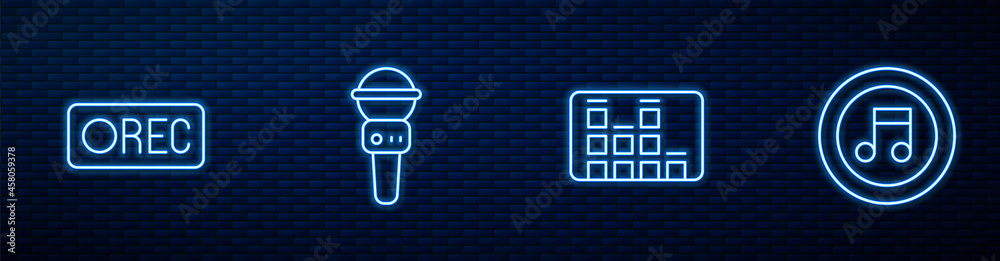 Set line Music equalizer, Record button, Microphone and note, tone. Glowing neon icon on brick wall.