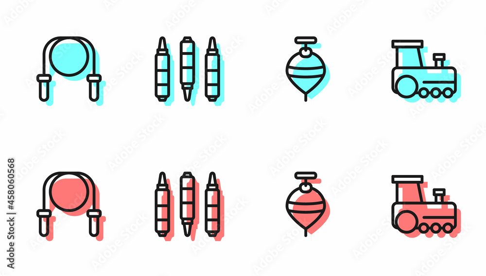 设置线漩涡玩具、跳绳、记号笔和玩具火车图标。矢量