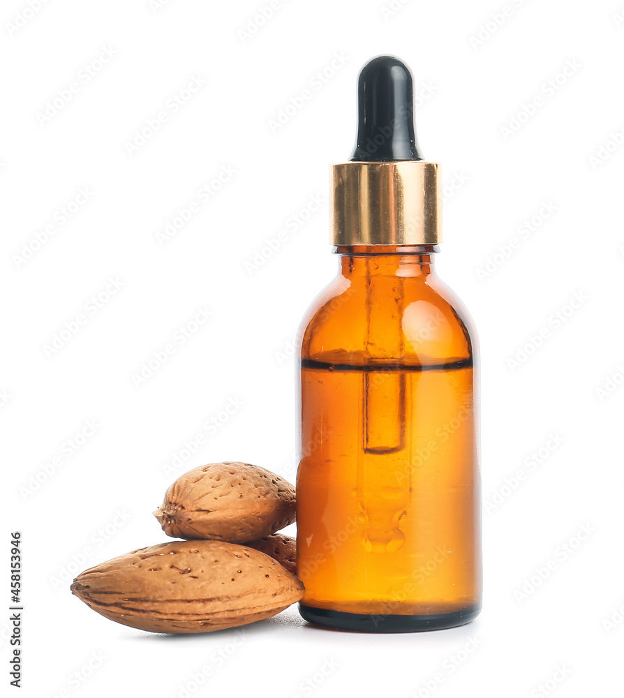 Bottle of healthy essential oil on white background