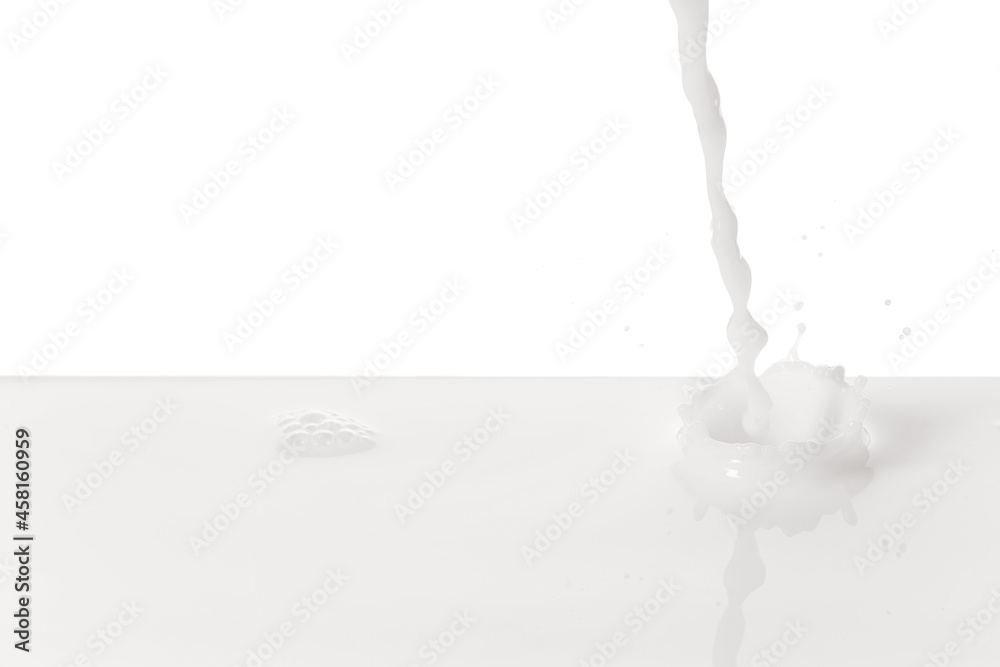 Pouring delicious milk on white background