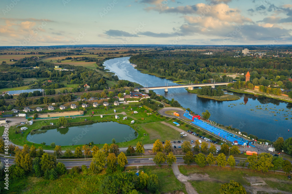 Beautiful scenery of Malbork city over the Nogat river, Poland