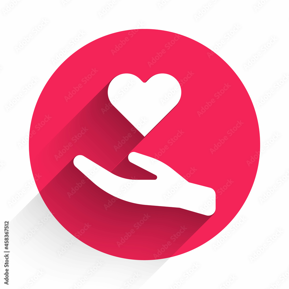 White Heart in hand icon isolated with long shadow. Hand giving love symbol. Valentines day symbol. 