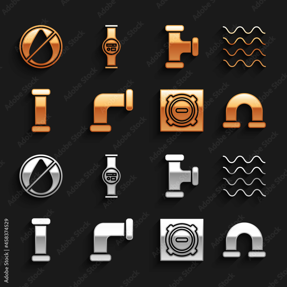 Set Industry metallic pipe, Wave, Manhole sewer cover, Water drop forbidden and meter icon. Vector