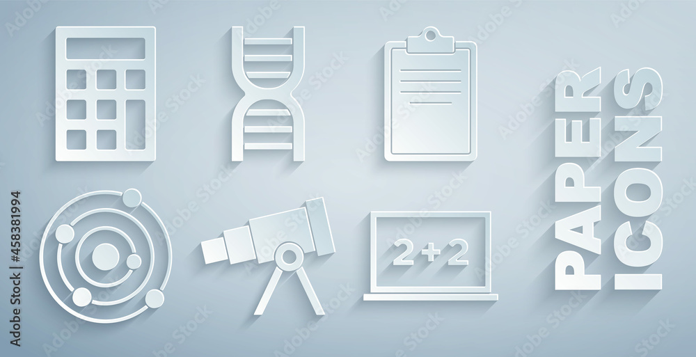 Set Telescope, Clipboard with checklist, Solar system, Chalkboard, DNA symbol and Calculator icon. V