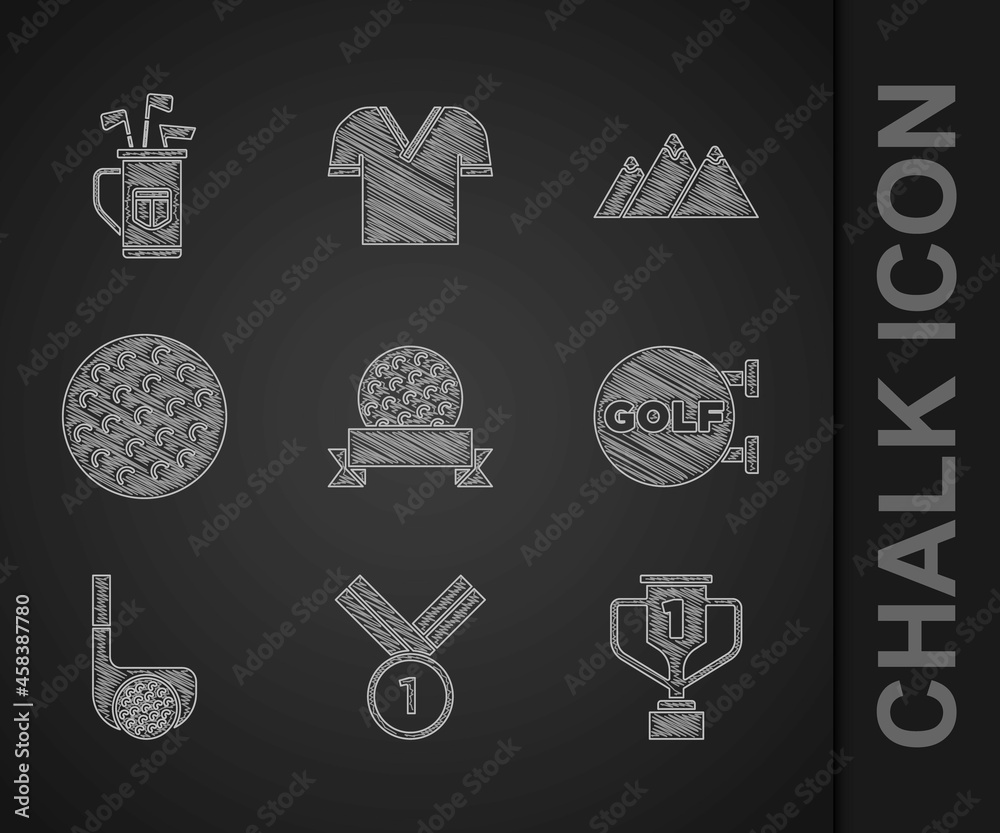 Set Golf ball, Medal golf, Award cup with, sport club, Mountains and bag clubs icon. Vector