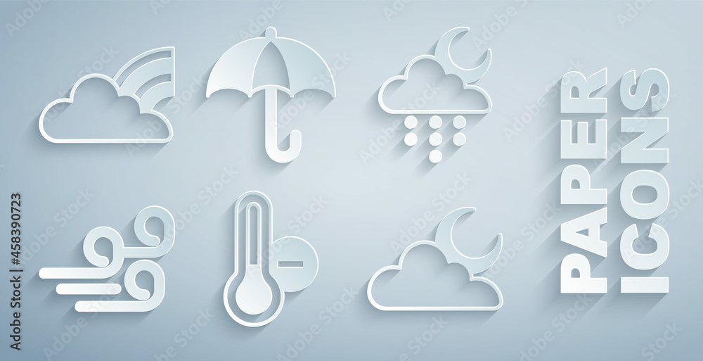 Set Meteorology thermometer, Cloud with rain and moon, Windy weather, Umbrella and Rainbow clouds ic